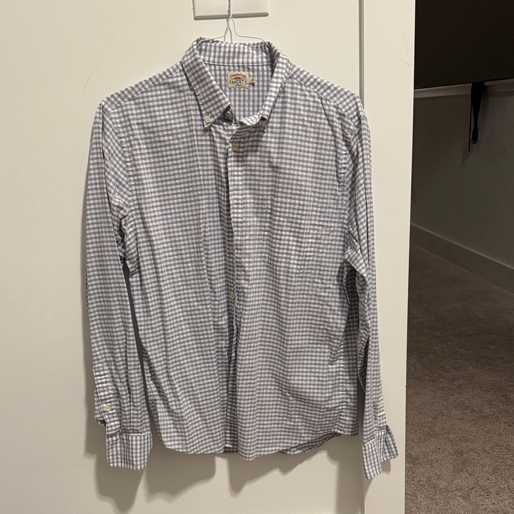 Faherty Gray and White Gingham Men's Shirt Size L